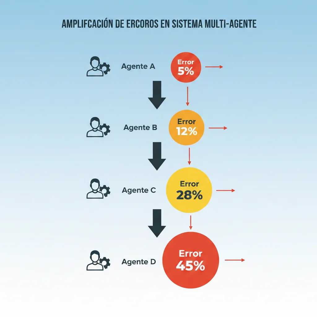 Diagrama de cascada de errores en sistema multi-agente mostrando amplificación exponencial: error inicial 5% se amplifica a 12%, luego 28%, finalmente 45% en output final