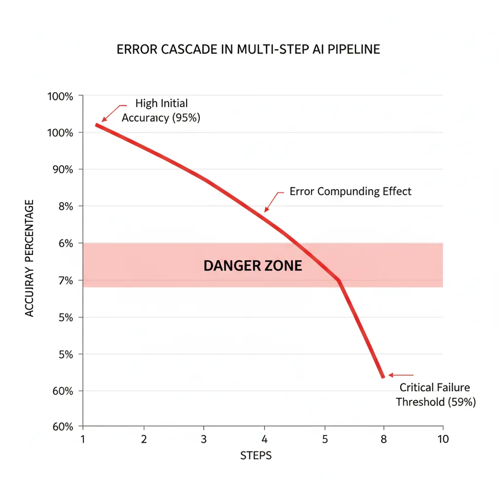 Gráfico mostrando cascada de errores en pipeline multi-step de agentes IA, con porcentaje de accuracy bajando exponencialmente desde 95% en step 1 hasta 59% en step 10