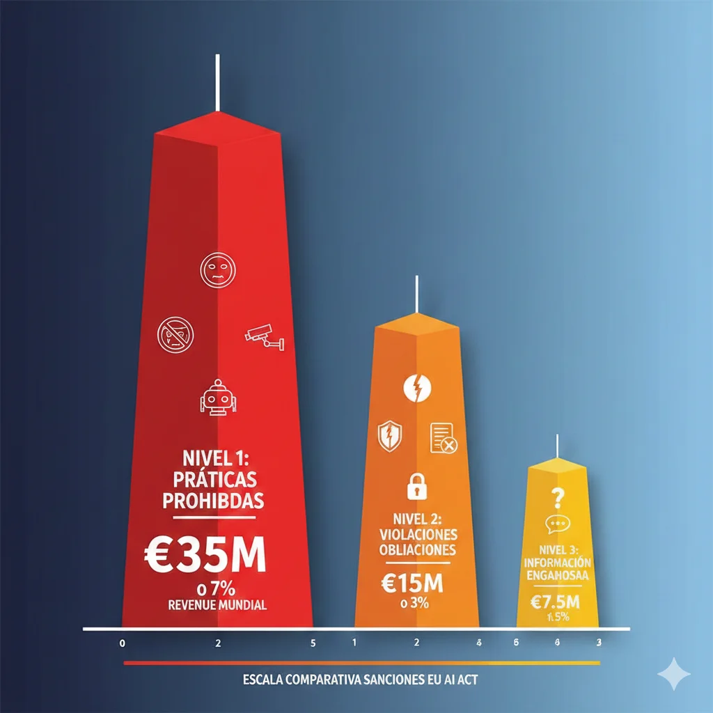 Comparación visual de los 3 tiers de multas EU AI Act: €35M o 7% tier 1 en rojo, €15M o 3% tier 2 en naranja, €7.5M o 1.5% tier 3 en amarillo, con ejemplos de violaciones por tier