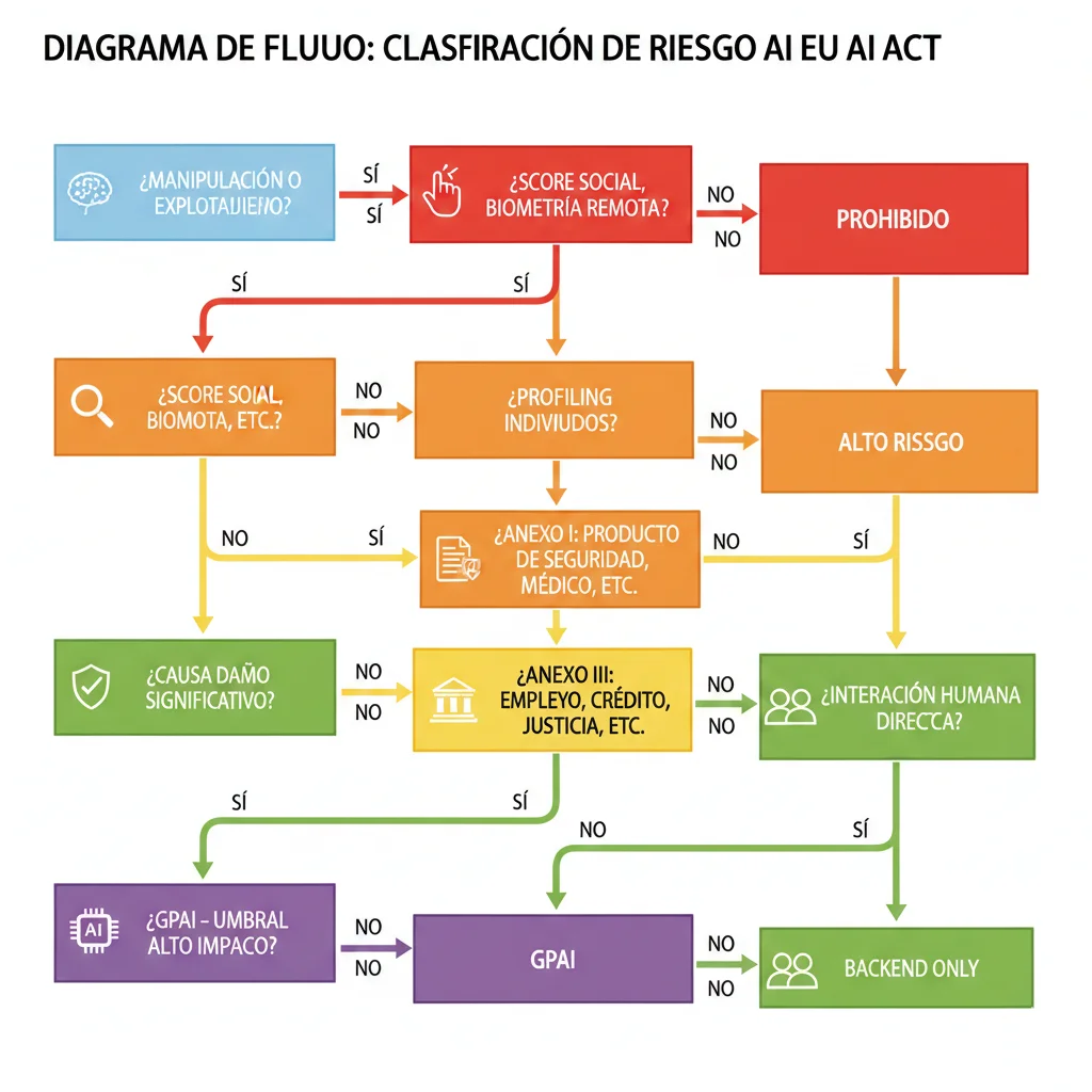 Flowchart decision tree clasificación de riesgo EU AI Act: 8 preguntas para determinar si sistema IA es prohibido, high-risk, limited risk o minimal risk, con pathways Annex I, Annex III, profiling