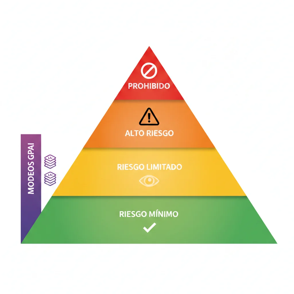 Pirámide de niveles de riesgo EU AI Act: prohibido en la cima, alto riesgo, riesgo limitado, mínimo riesgo en la base, con modelos GPAI como categoría transversal