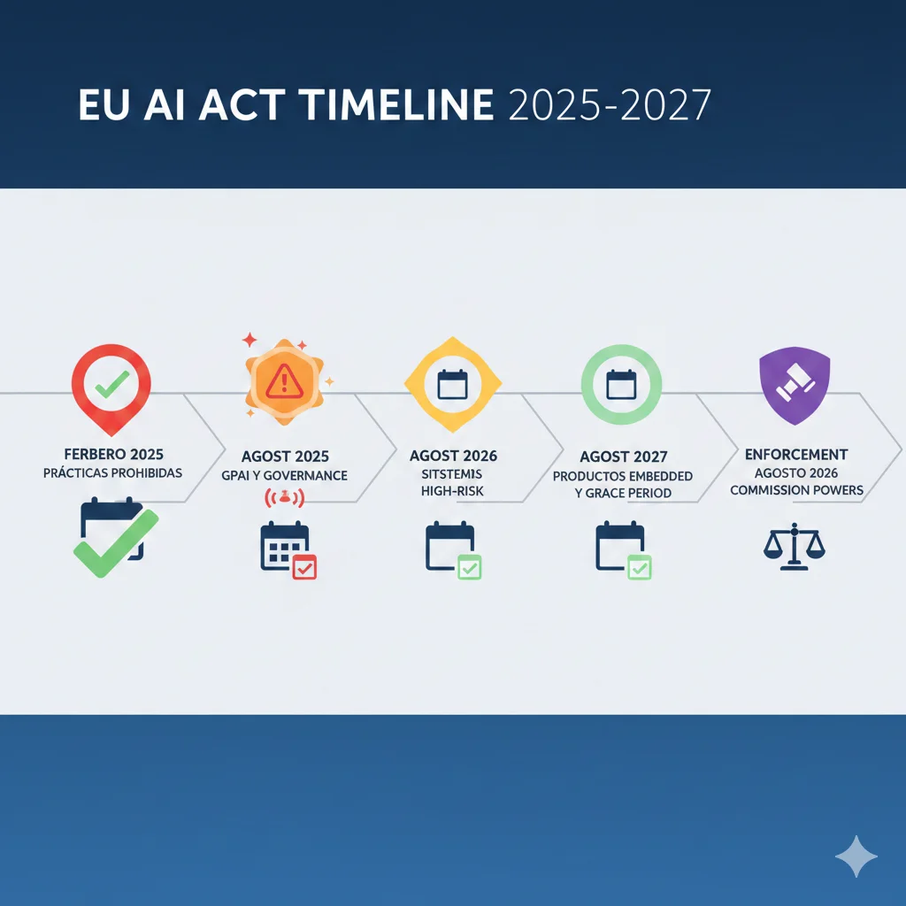 Timeline visual EU AI Act 2025-2027 con 5 deadlines clave: febrero 2025 prácticas prohibidas, agosto 2025 GPAI y governance, agosto 2026 high-risk systems, agosto 2027 productos embedded y grace period GPAI