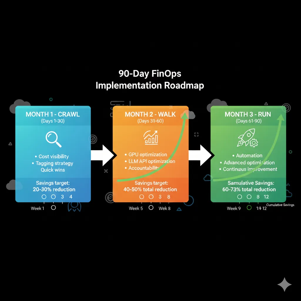 Roadmap visual 90 días implementación FinOps AI machine learning mostrando 3 meses Crawl visibility Walk accountability Run value alignment con milestones semanales y savings acumulados