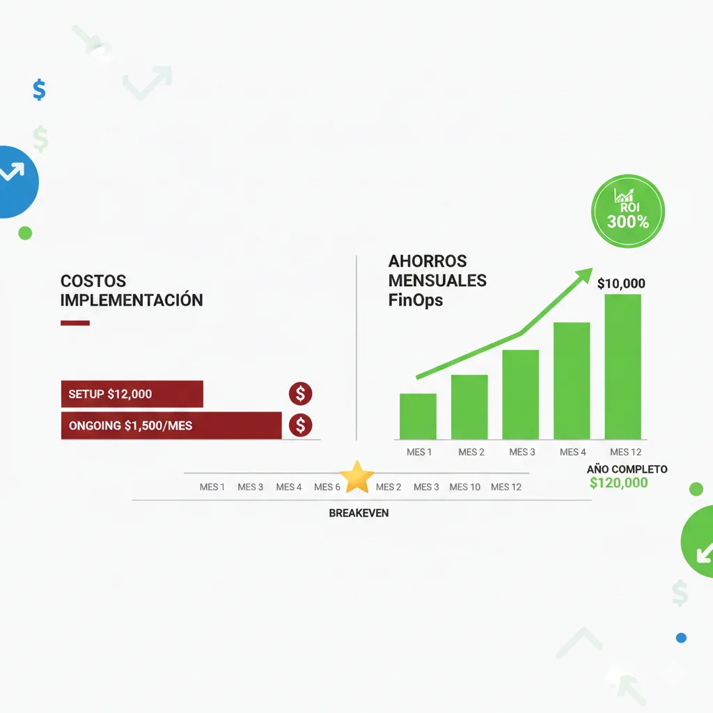 Infografía visual calculadora ROI FinOps mostrando breakdown de costes implementación versus ahorro esperado con timeline de 12 meses