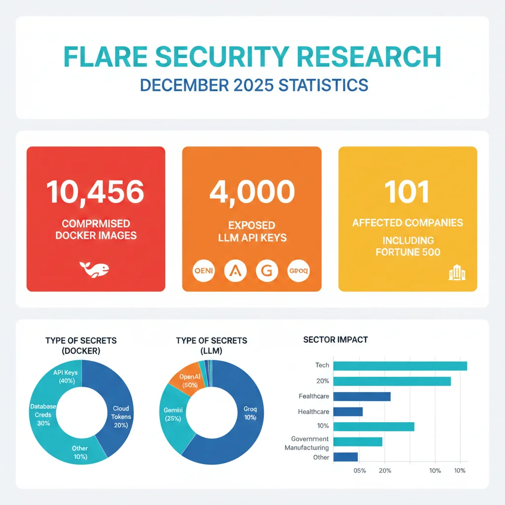 Infografía estadísticas investigación Flare Security diciembre 2025 mostrando 10456 imágenes Docker comprometidas, 4000 LLM API keys expuestas y 101 empresas afectadas incluyendo Fortune 500
