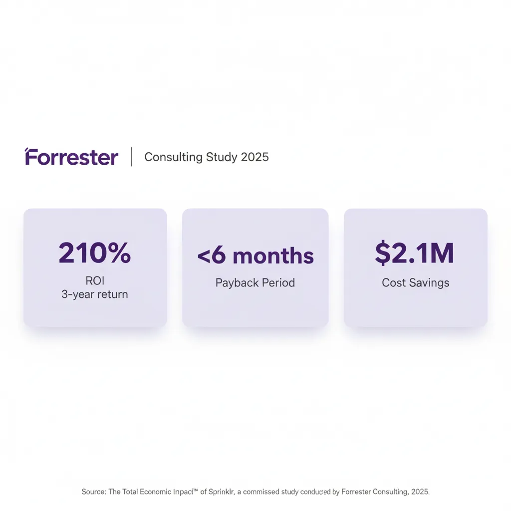 Infographic Forrester Consulting ROI study results. 3 métricas destacadas: 210% ROI 3 años, <6 meses payback period, $2.1M cost savings. Branded con Forrester logo y Sprinklr caso.