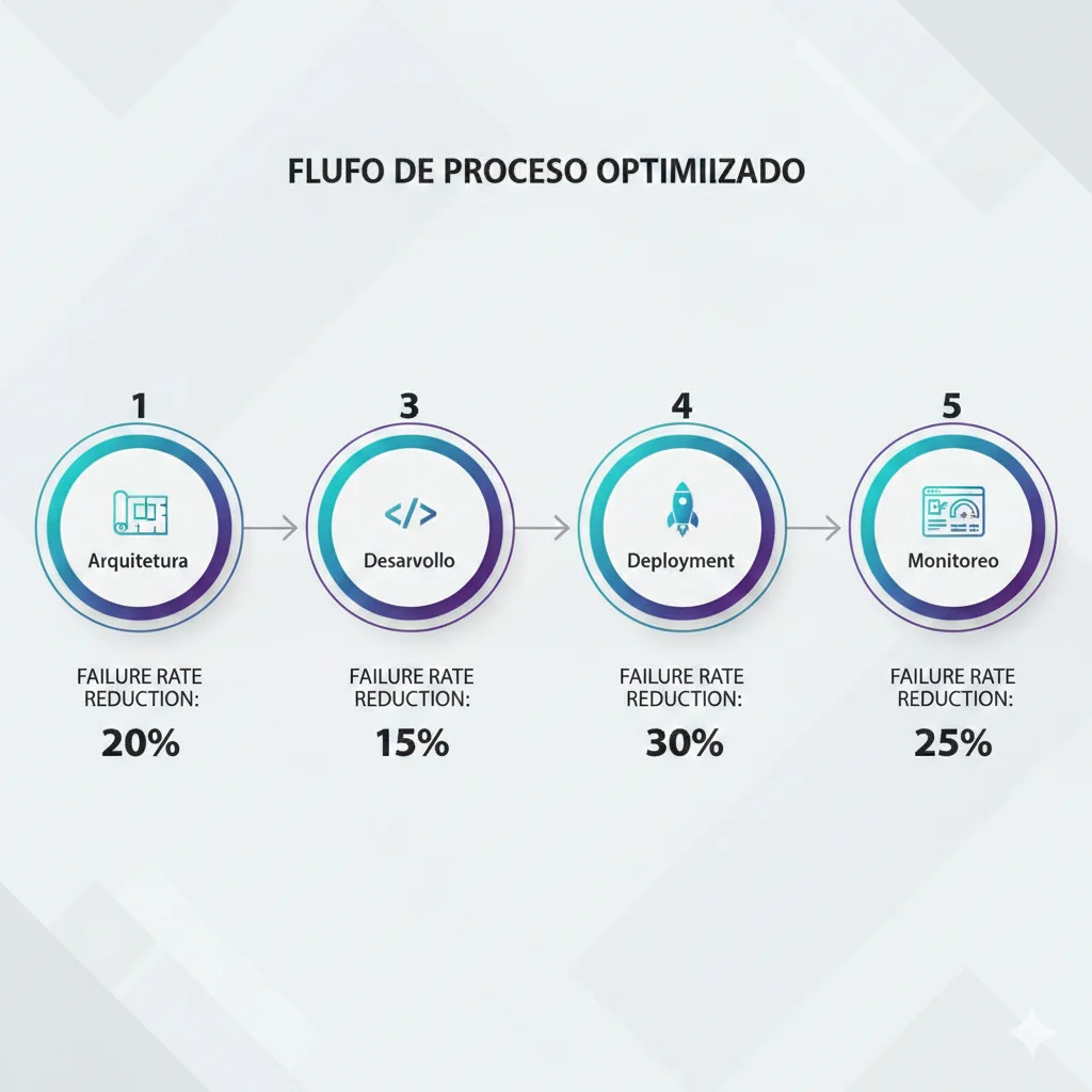 Diagrama visual del framework 5-pasos mostrando arquitectura, desarrollo, testing, deployment y monitoreo con métricas clave de éxito en cada fase