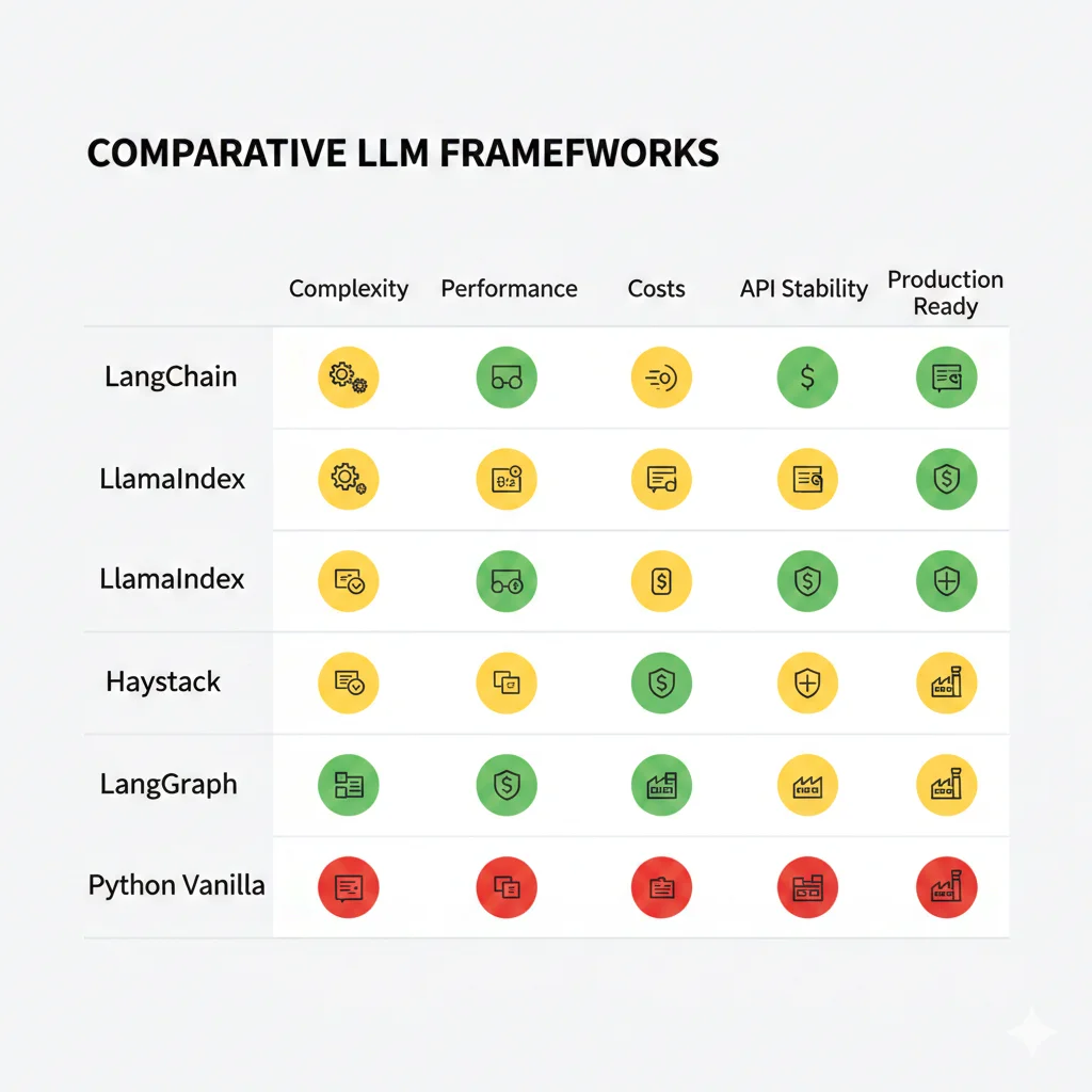 Tabla comparativa visual frameworks LLM: LlamaIndex, Haystack, LangGraph, Python Vanilla con scores en complejidad, performance, costes, estabilidad
