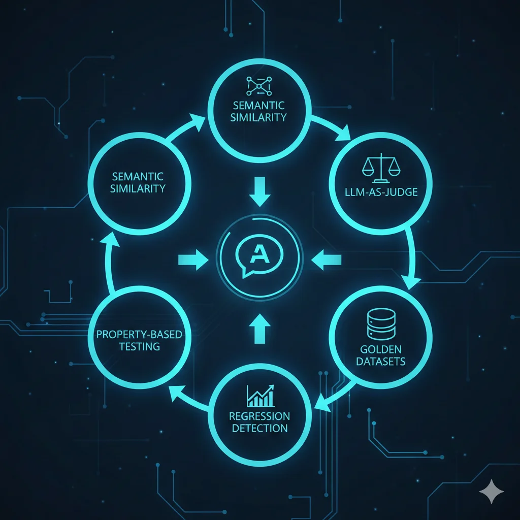 Diagrama de arquitectura del framework QA para LLMs con 5 pilares: semantic similarity, LLM-as-judge, golden datasets, property-based testing y CI/CD automation