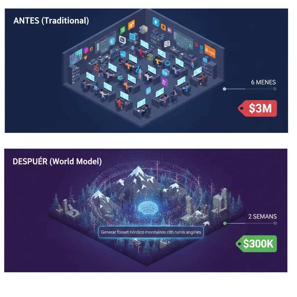 Entorno de juego generado por world model mostrando generación procedural en tiempo real con NPCs physics-aware y adaptación dinámica