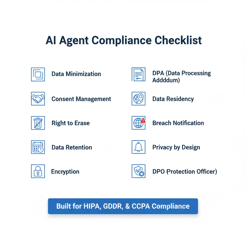 GDPR compliance checklist visual para customer service AI agents. 10 items con checkboxes: data minimization, consent management, right to erasure, data retention, encryption, DPA, breach notification. Icons por cada item.