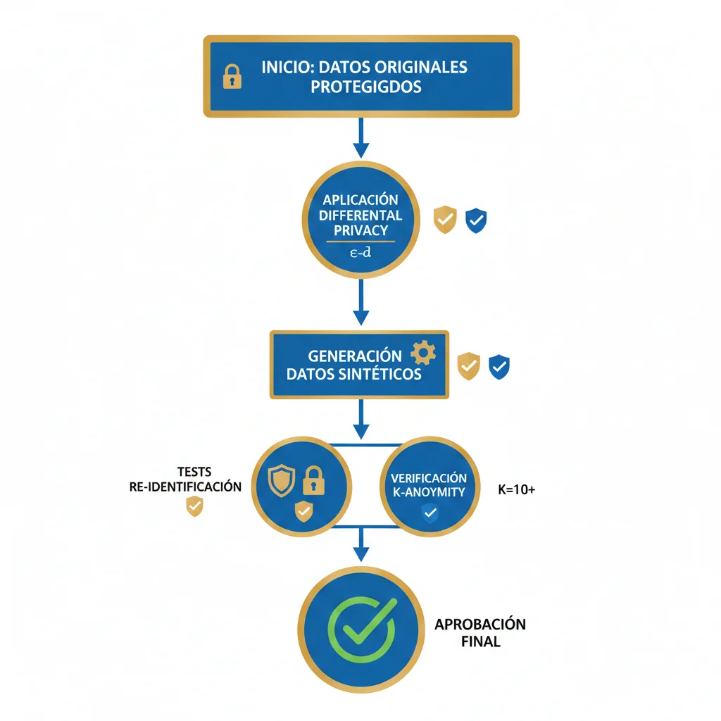 Flowchart mostrando proceso de compliance GDPR para synthetic data con tests de re-identificación