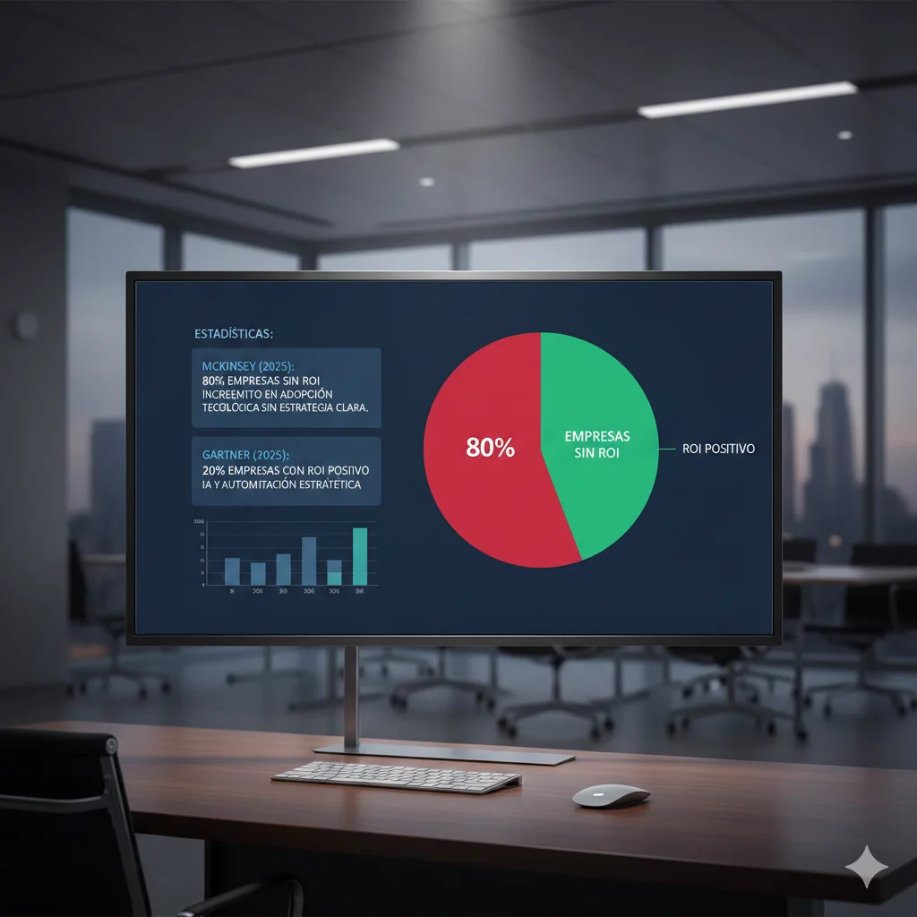 Dashboard empresarial mostrando 80% en rojo sin ROI versus 20% verde con ROI, estadísticas McKinsey Gartner 2025