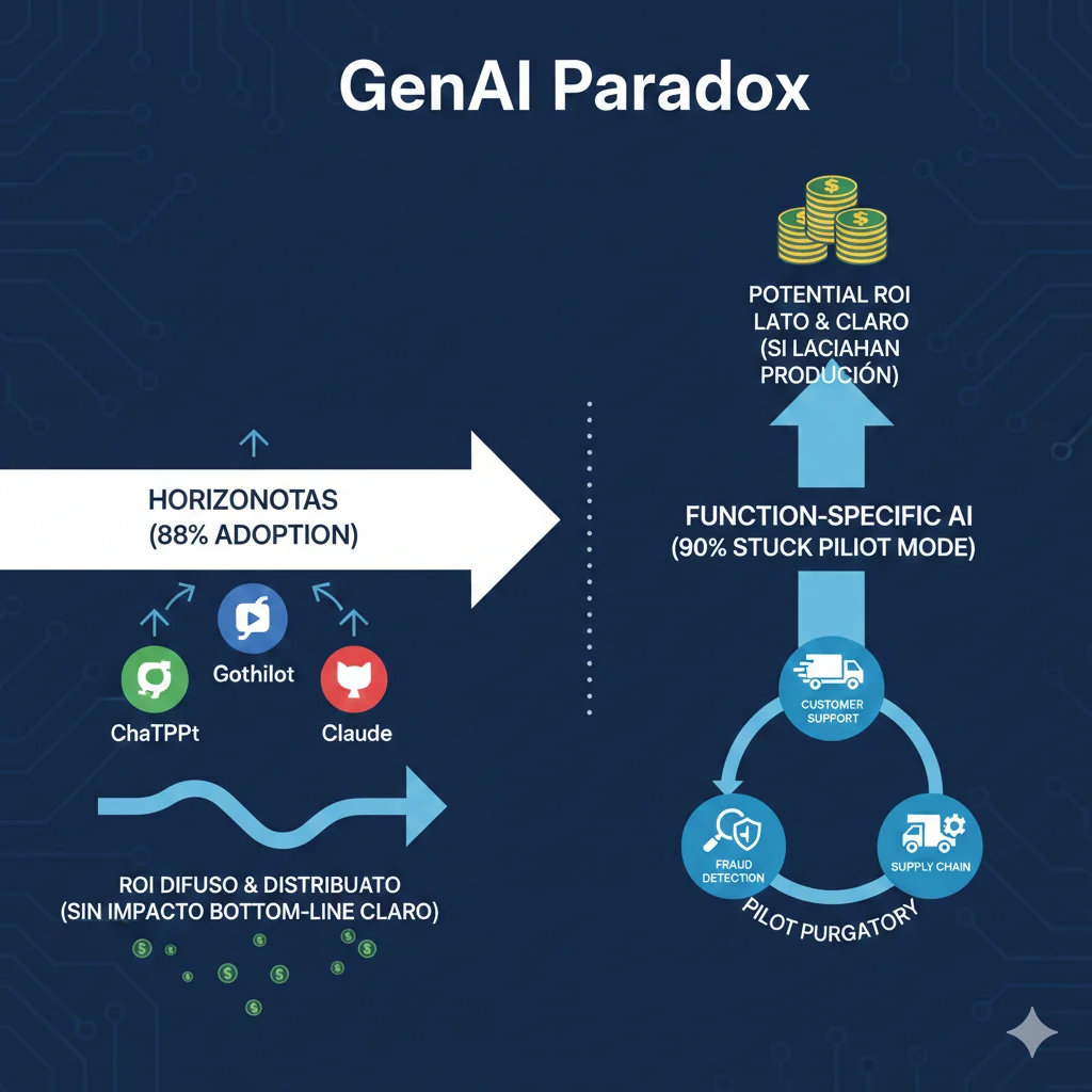 Diagrama visual mostrando GenAI Paradox con 88 por ciento adoption versus 1 por ciento maturity, comparando horizontal copilots escalados rápido sin ROI claro versus vertical AI atascado en pilots con ROI potencial alto