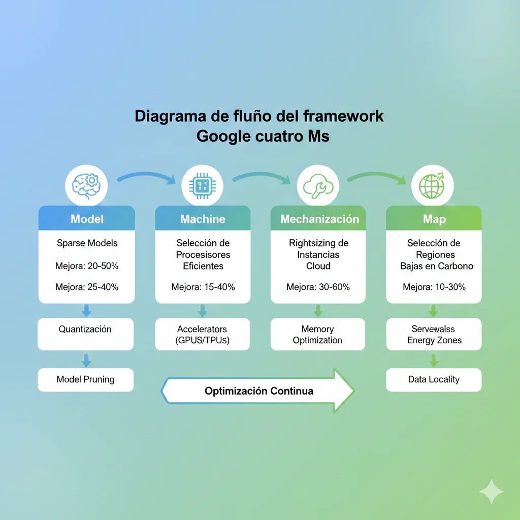 Diagrama del framework Google 4Ms mostrando las cuatro dimensiones de optimización energética: Model, Machine, Mechanization y Map con ejemplos de mejoras y porcentajes de reducción