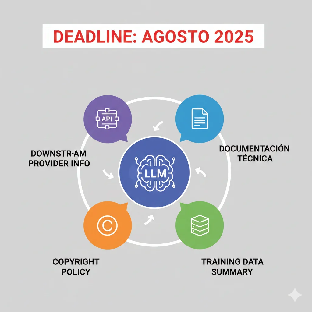Diagrama circular de los 4 requirements obligatorios modelos GPAI EU AI Act: technical documentation, training data summary, copyright policy, downstream provider information, con iconos y deadline agosto 2025
