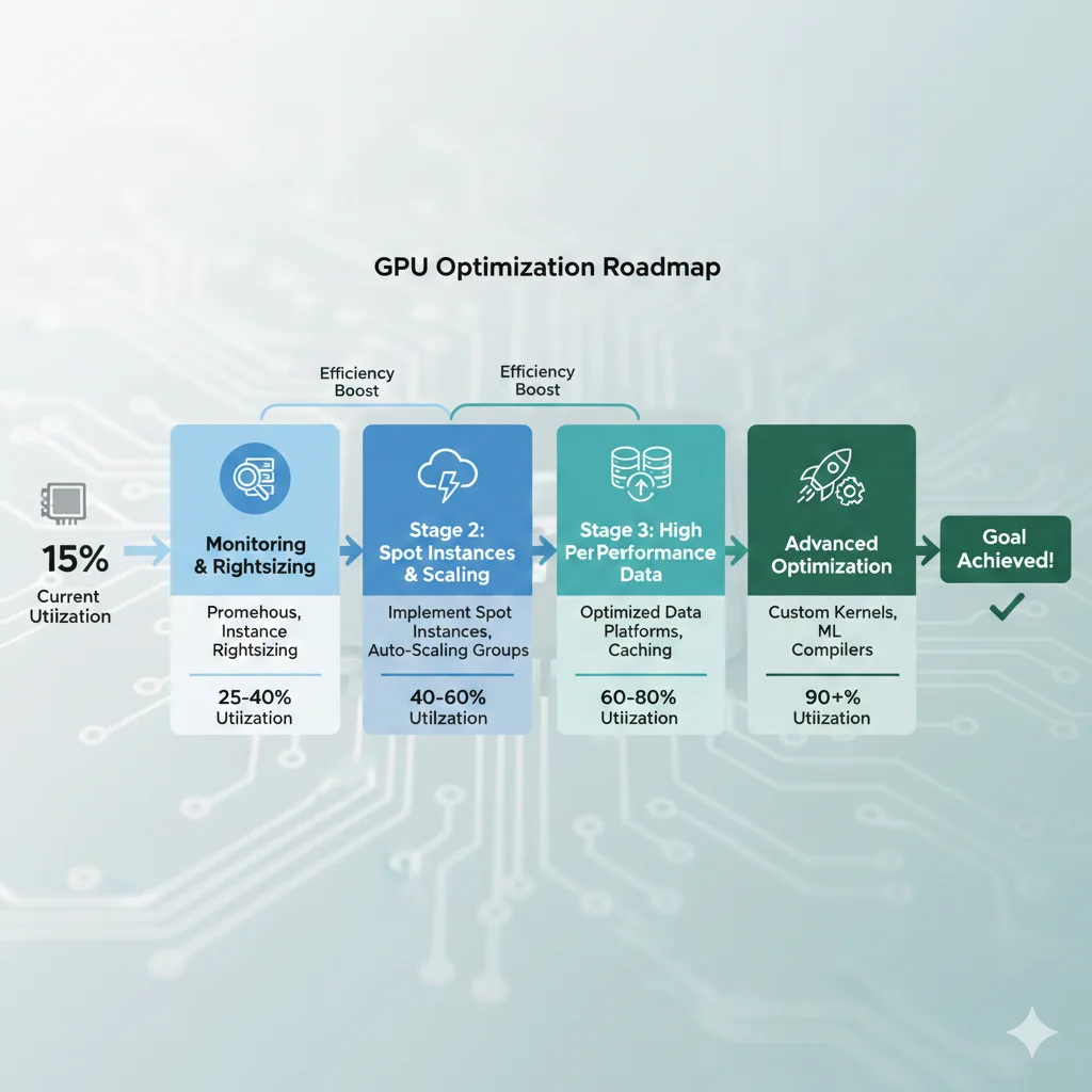 Roadmap de optimización GPU mostrando progresión desde 15% utilización actual hasta 90%+ con técnicas específicas: monitoring, rightsizing, spot instances y high-performance data platforms