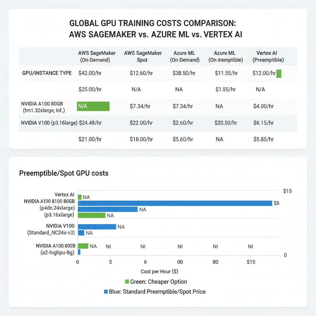 Tabla comparativa detallada costes training GPU A100 y V100 en AWS SageMaker, Azure ML y Vertex AI mostrando on-demand, spot/preemptible rates y ahorros porcentuales