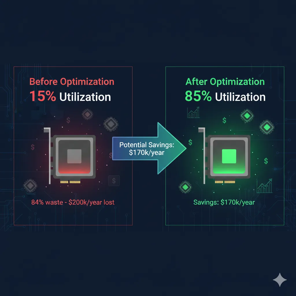 Gráfico comparativo utilización GPU antes vs después optimización mostrando incremento de 15% baseline a 85% optimized con desglose causas idle time data pipeline bottlenecks auto-scaling