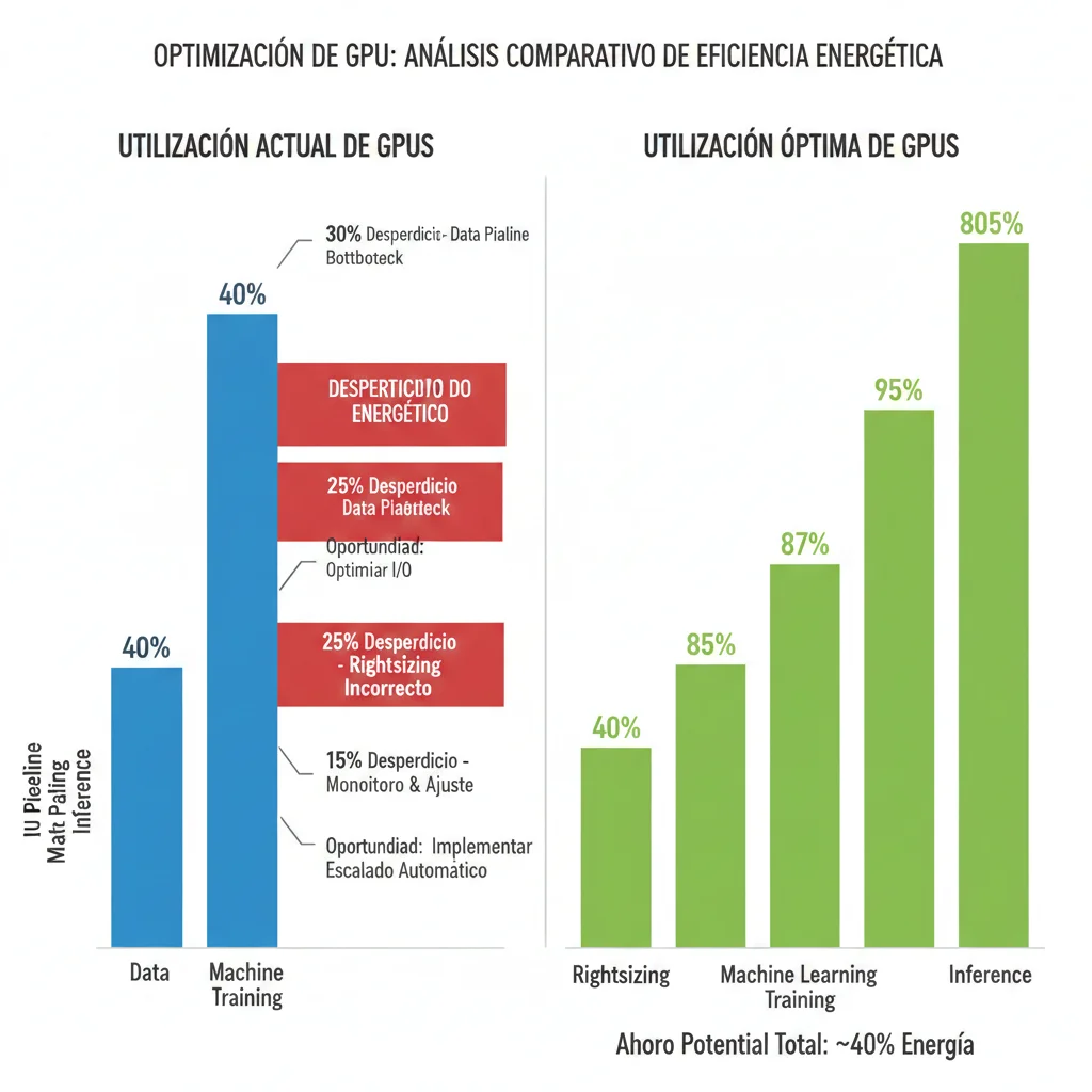 Gráfico comparativo mostrando utilización GPU actual versus óptima con porcentajes de waste energético y oportunidades de ahorro identificadas por categoría
