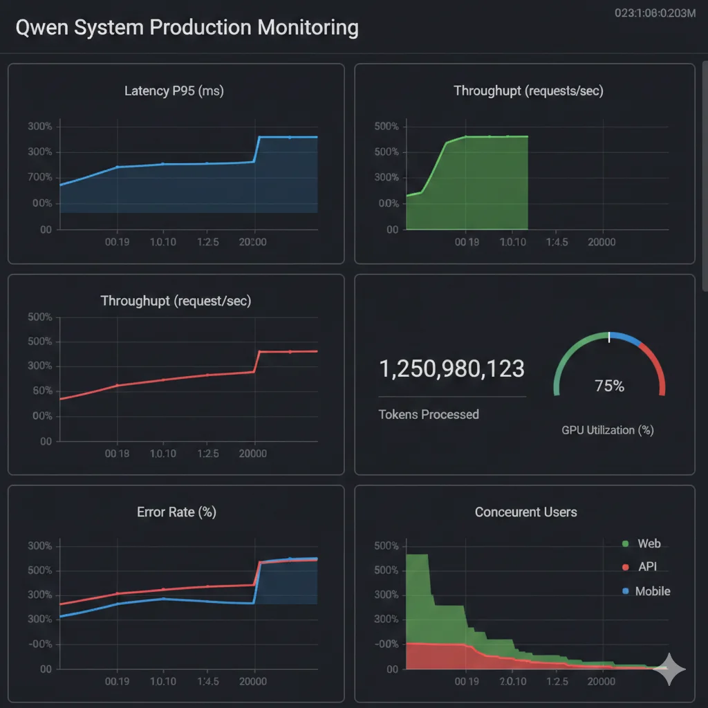 Captura de pantalla de dashboard Grafana mostrando métricas de Qwen en producción: latency, throughput, error rate, GPU utilization