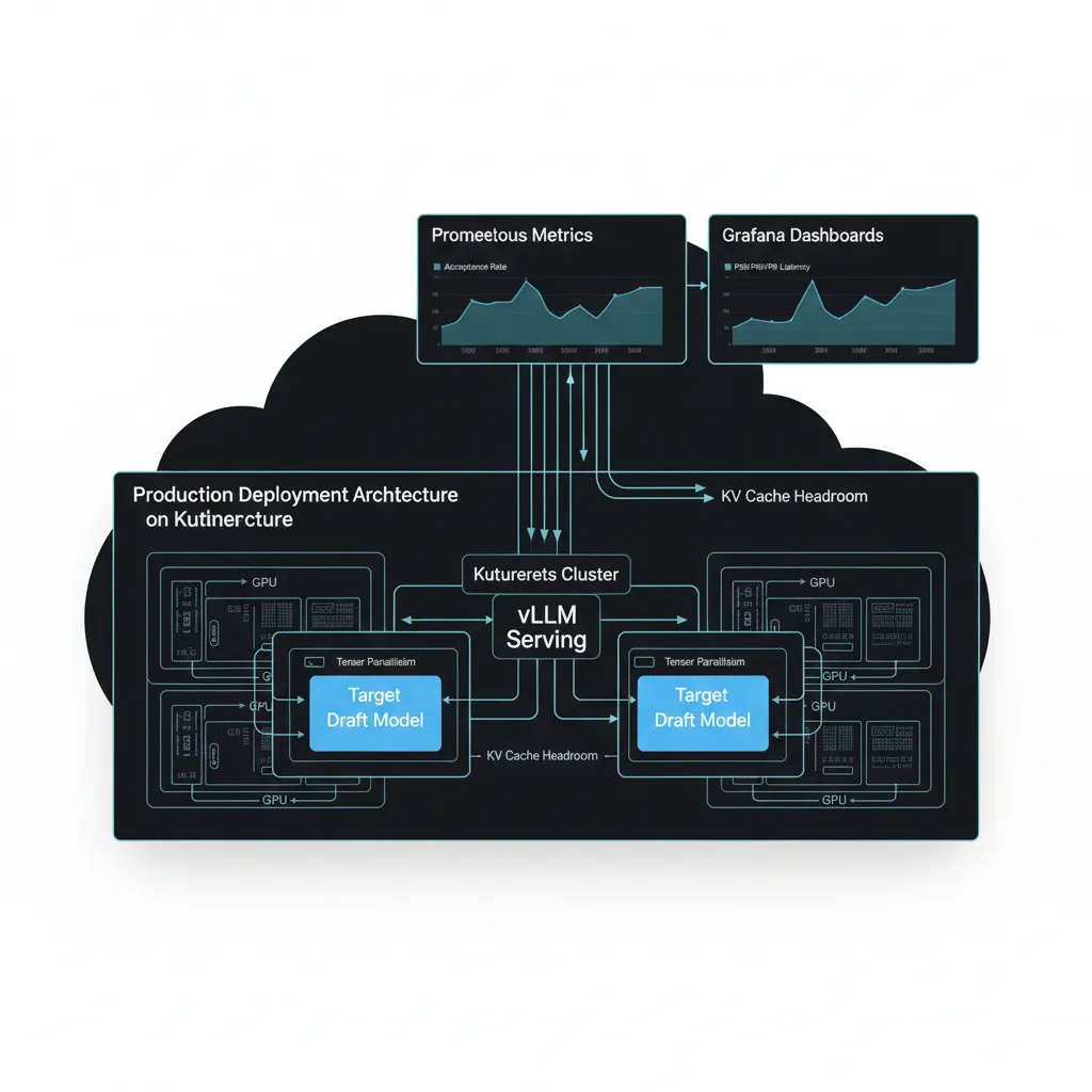 Dashboard Grafana mockup mostrando métricas speculative decoding: acceptance rate, latency P50/P99, goodput, GPU utilization