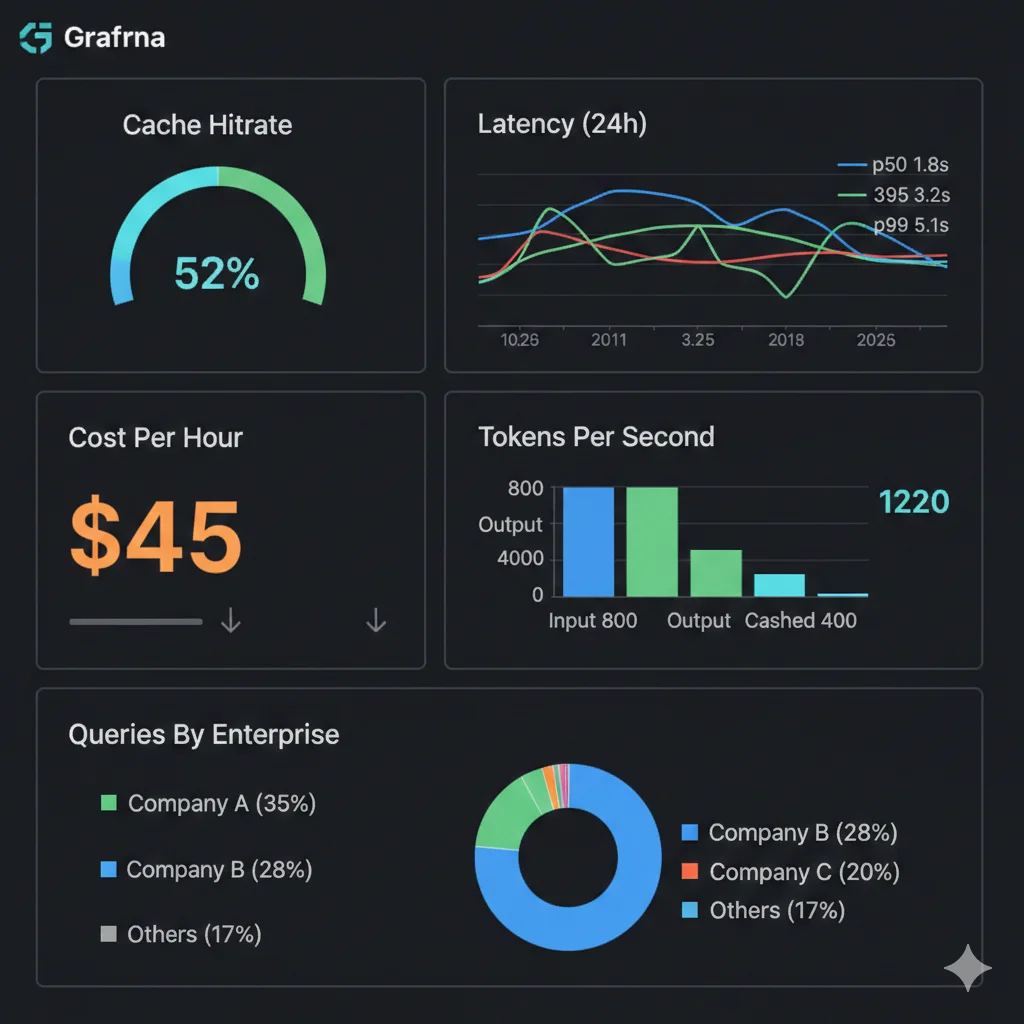 Grafana dashboard mostrando paneles: cache hit rate 52%, latency p95 1.8s, cost per hour $45, tokens per second 1.2k, queries by endpoint pie chart