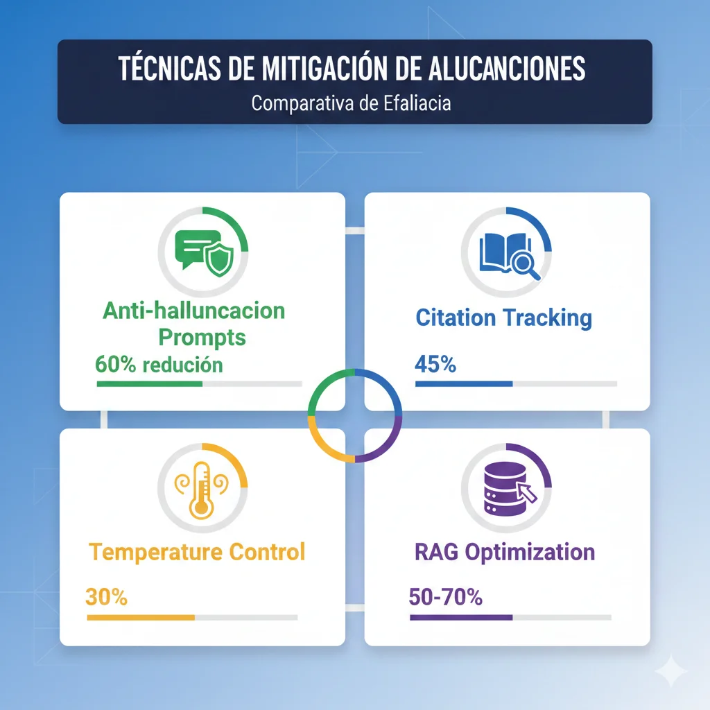 Diagrama comparativo de técnicas de mitigación de alucinaciones mostrando efectividad: anti-hallucination prompts 60% reducción, citation tracking 45%, temperature control 30%, RAG optimization 50-70%