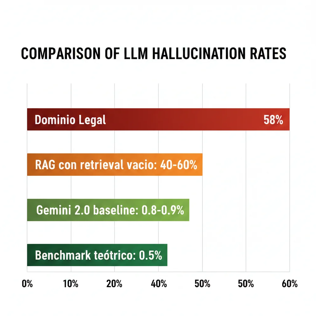 Gráfico comparativo de tasas de alucinación entre diferentes modelos y dominios: dominio legal 58%, RAG con retrieval vacío 40-60%, Gemini 2.0 baseline 0.8-0.9%, benchmark teórico 0.5%