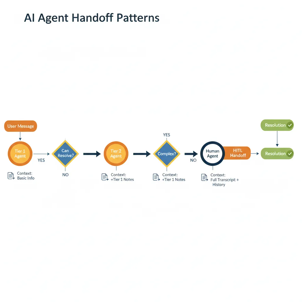 Diagrama patrón handoff mostrando flujo secuencial User Message a Tier 1 Agent nodo circular a Decision Diamond Can Resolve si yes Resolution terminal verde si no flecha a Tier 2 Agent a Decision Complex si yes Human Agent icono persona con etiqueta HITL Handoff preservación contexto ilustrada con icono documento siguiendo cada handoff