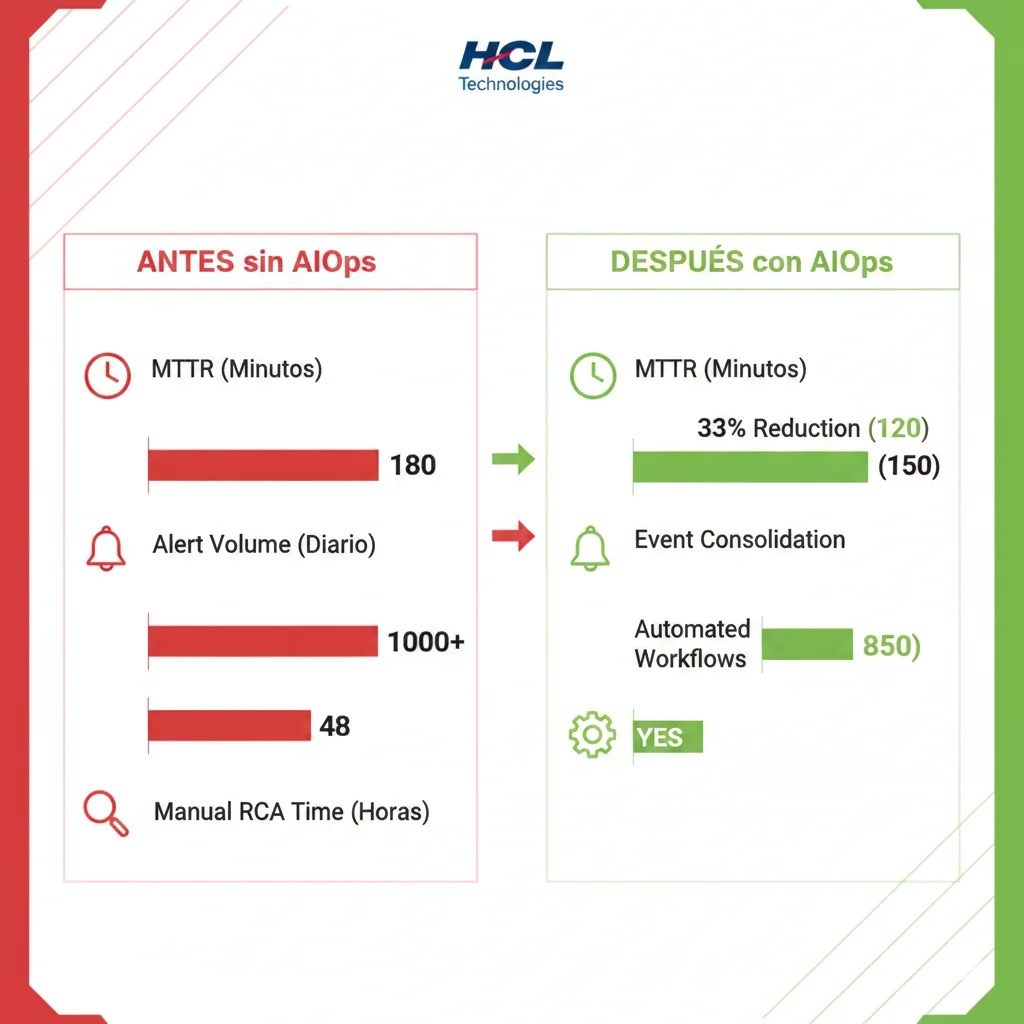 Gráfico comparativo antes y después mostrando métricas de HCL Technologies con reducción MTTR, consolidación de eventos y reducción de tickets de soporte