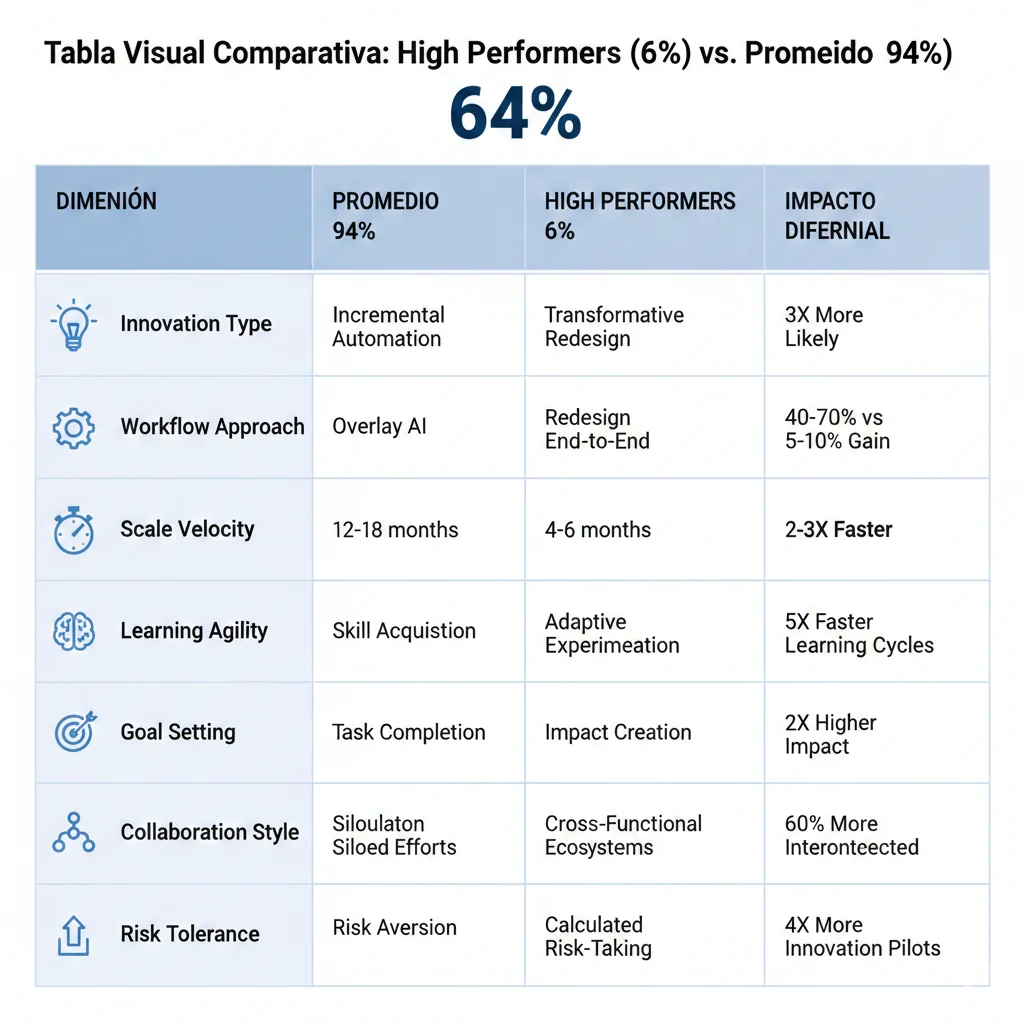 Tabla visual comparativa mostrando 7 dimensiones donde high performers 6 por ciento superan promedio 94 por ciento: innovation type, workflow, velocity, budget, best practices, metrics, risk tolerance con métricas específicas por cada dimensión