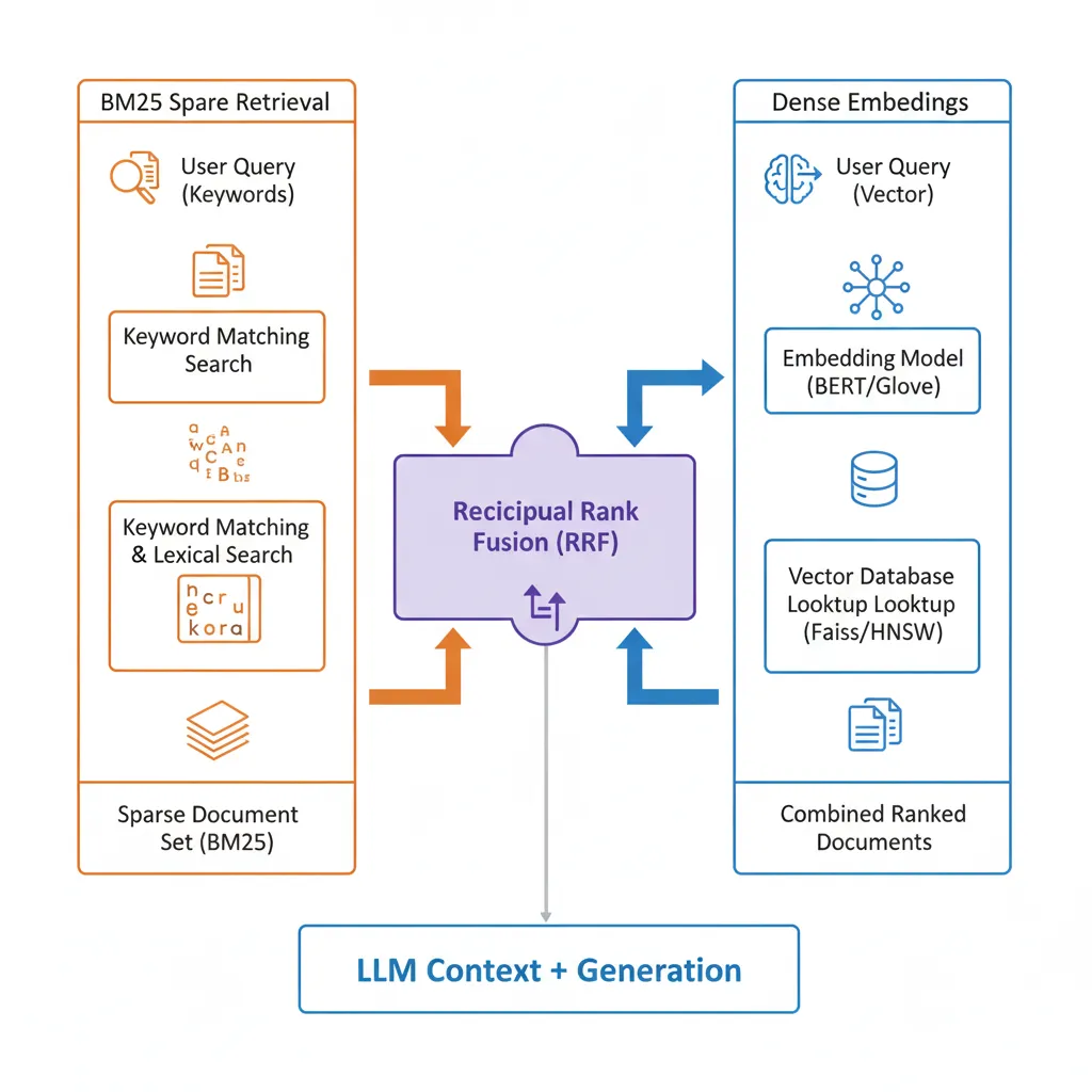 Diagrama arquitectura hybrid search mostrando BM25 keyword retrieval y dense vector embeddings combinados mediante Reciprocal Rank Fusion algoritmo para producir ranking final optimizado