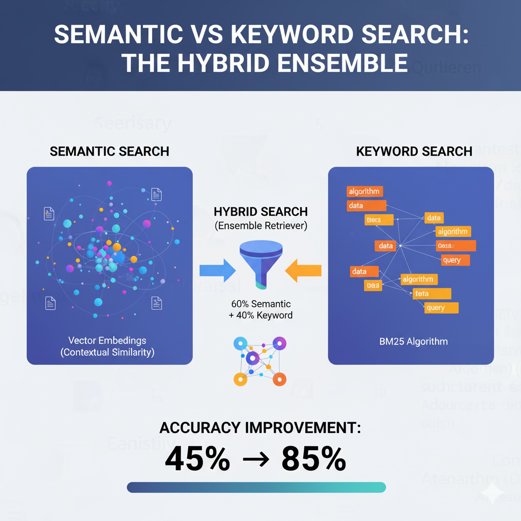 Arquitectura hybrid search combinando semantic similarity con keyword matching BM25
