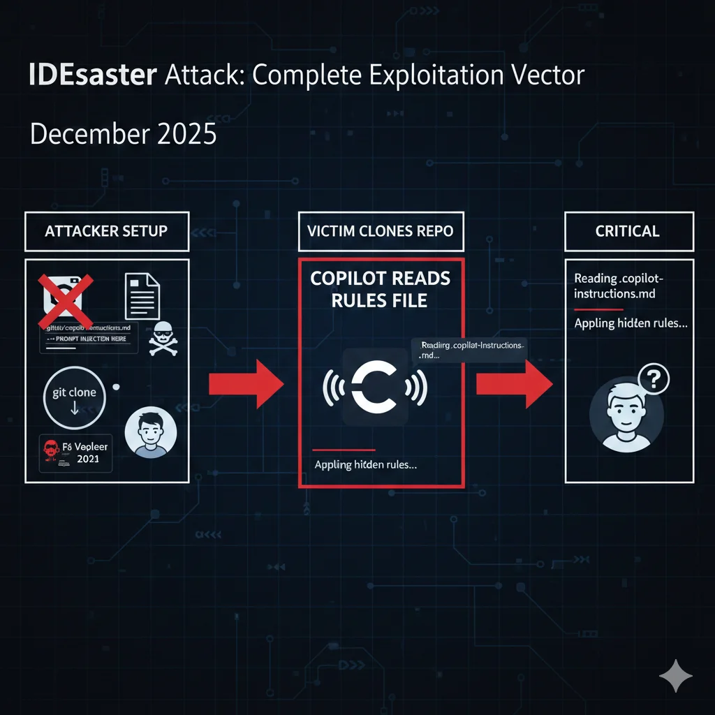Diagrama de ataque IDEsaster mostrando vector de explotación: prompt injection vía rules files, RCE remoto, data exfiltration