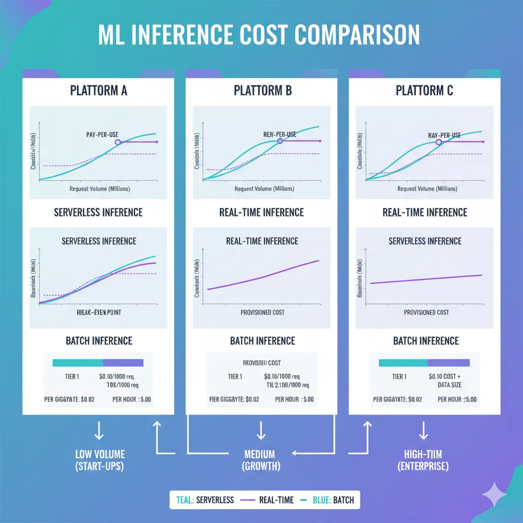 Comparativa costes inference serverless vs real-time vs batch en las tres plataformas ML mostrando break-even points y escenarios uso óptimo
