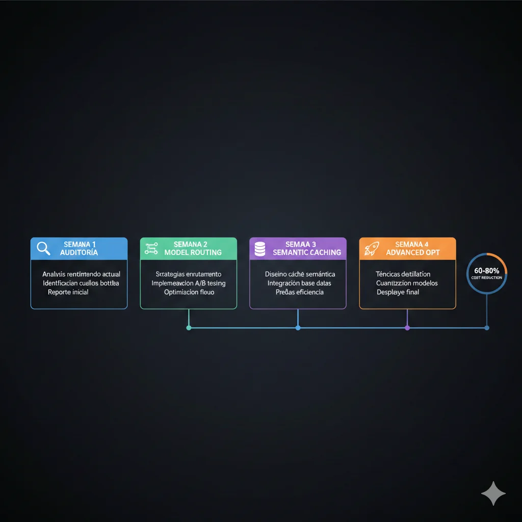 Timeline visual de 4 semanas mostrando las fases de implementación de optimización de inference desde auditoría hasta producción