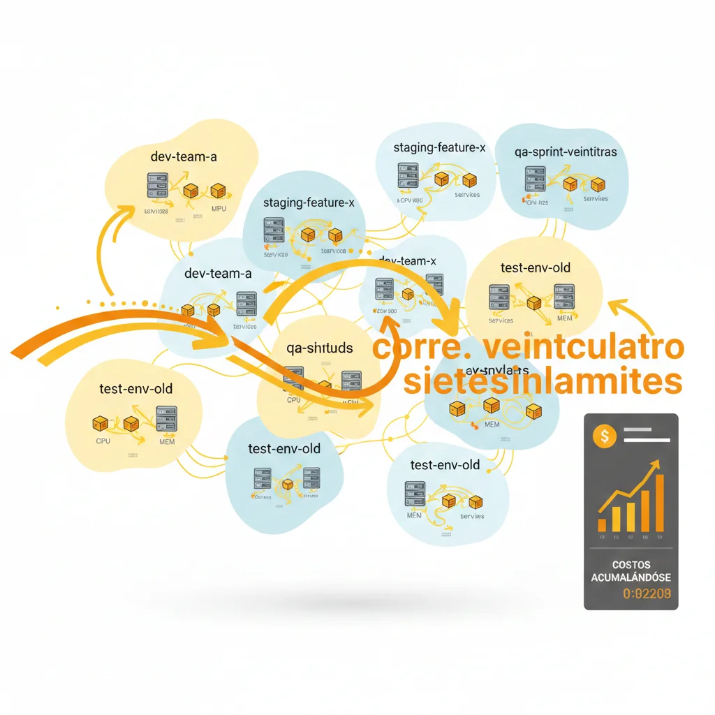 Diagrama mostrando proliferación de namespaces en cluster de producción: dev-team-a, staging-feature-x, qa-sprint-23, test-env-old corriendo 24/7 sin límites de recursos