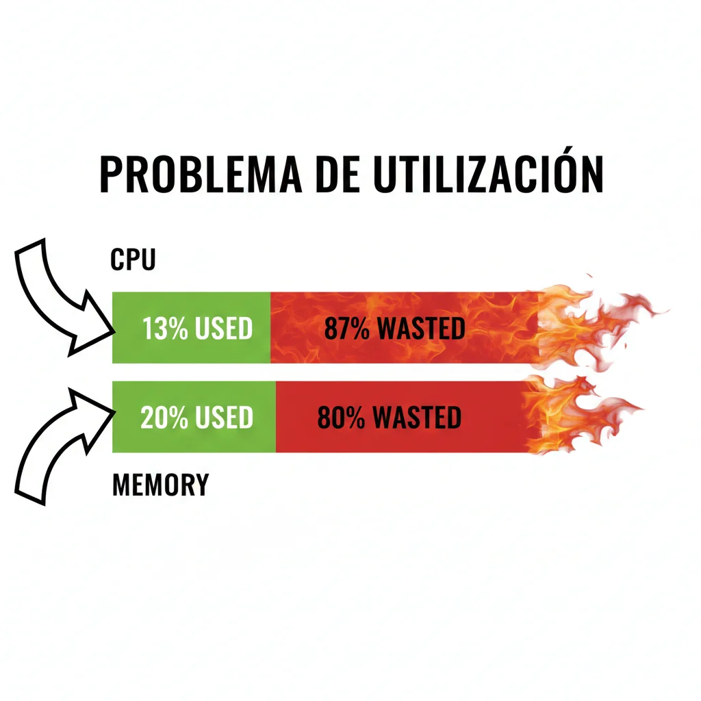 Gráfico de barras comparando utilización real vs capacidad provisionada: CPU 13% usado vs 87% desperdiciado, memoria 20% usada vs 80% desperdiciada