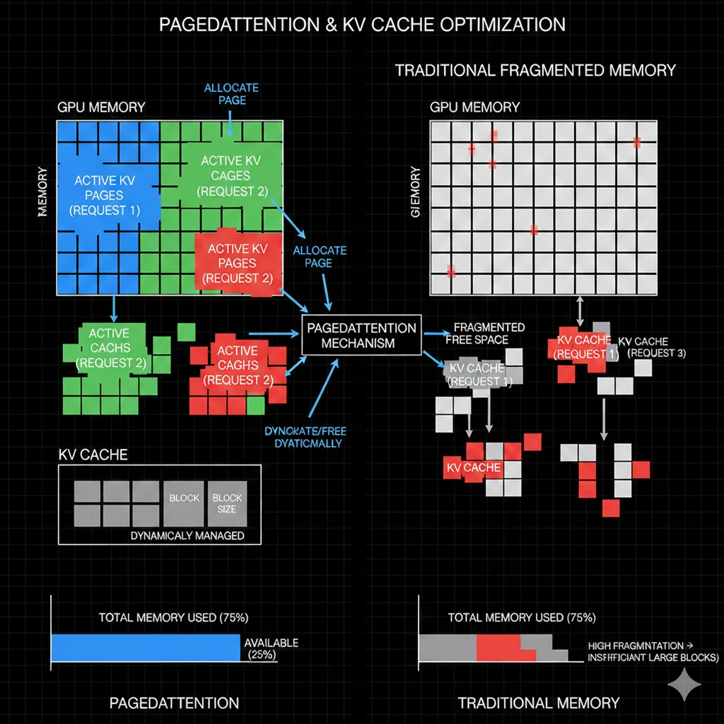Diagrama técnico de PagedAttention mostrando cómo la memoria KV cache se gestiona en bloques paginados para mayor eficiencia