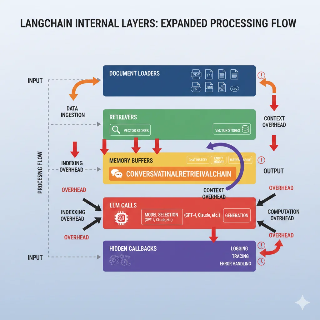 Diagrama mostrando capas de abstracción de LangChain con chains, agents, memory, callbacks y sus interdependencias complejas