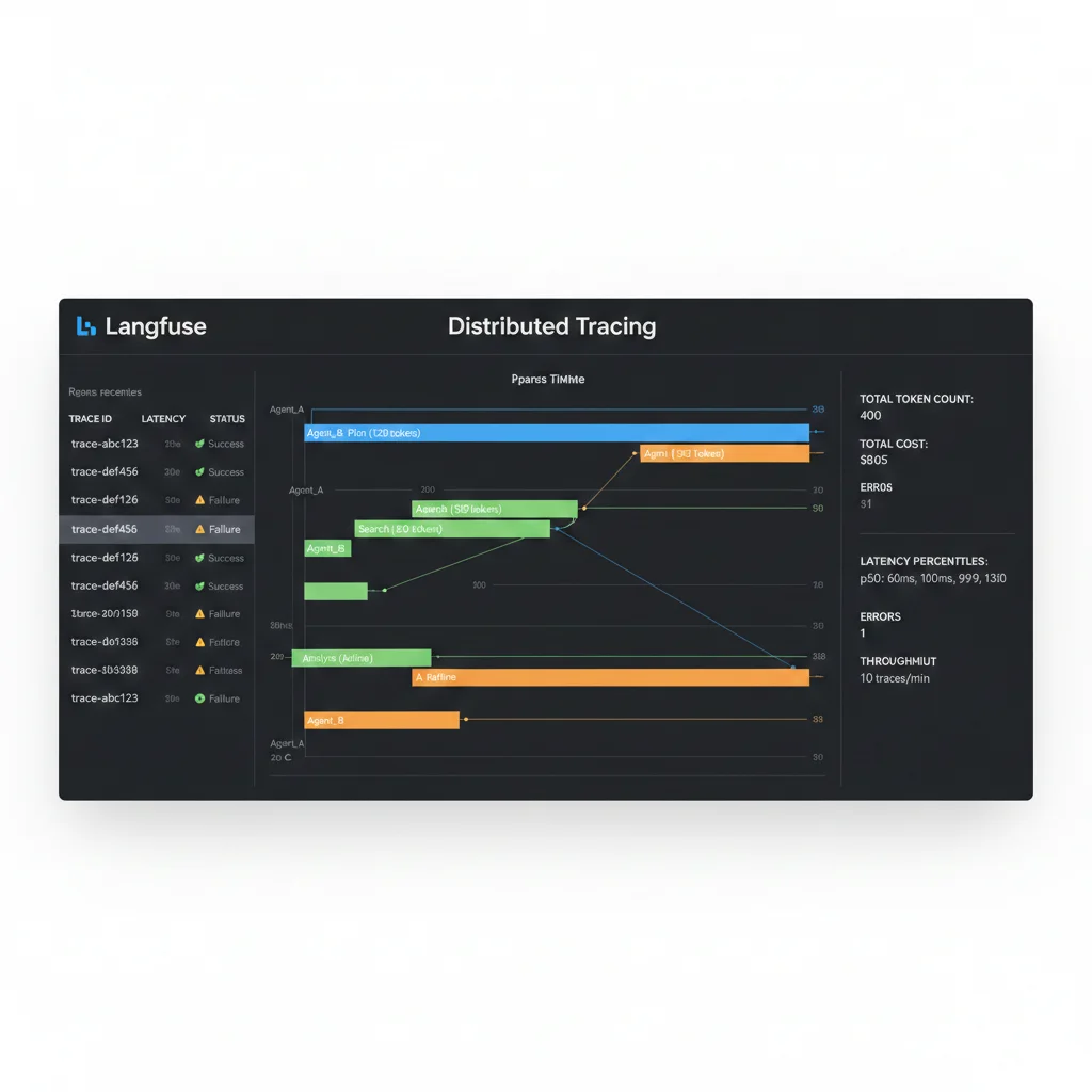 Dashboard Langfuse mostrando traces distribuidos de sistema multi-agente con spans por agente, latency, tokens y scoring de calidad
