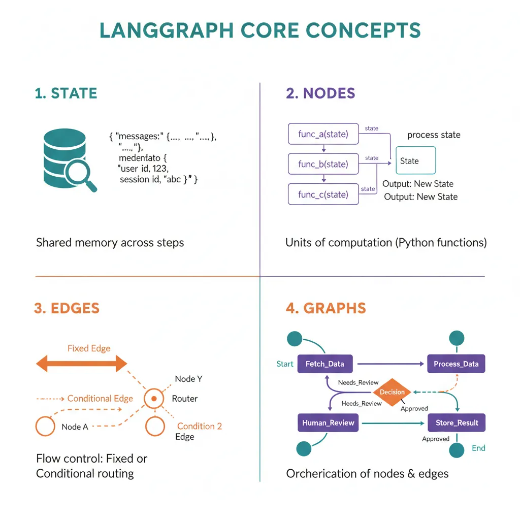Diagrama visual explicando State como memoria compartida, Nodes como funciones Python, Edges como flujo condicional y Graphs como estructura completa del workflow LangGraph