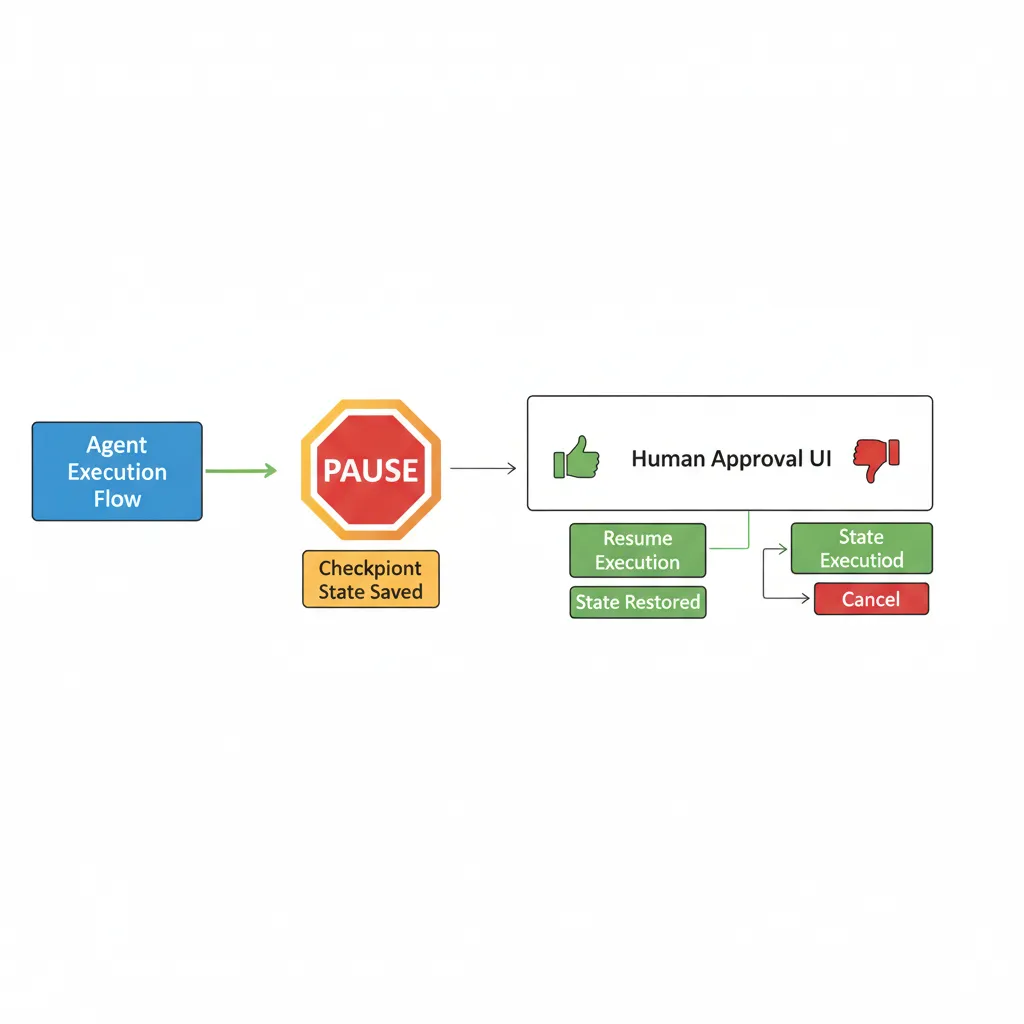 Diagrama workflow human-in-the-loop LangGraph mostrando agente pausado esperando aprobación humana en punto de decisión crítico antes de continuar ejecución