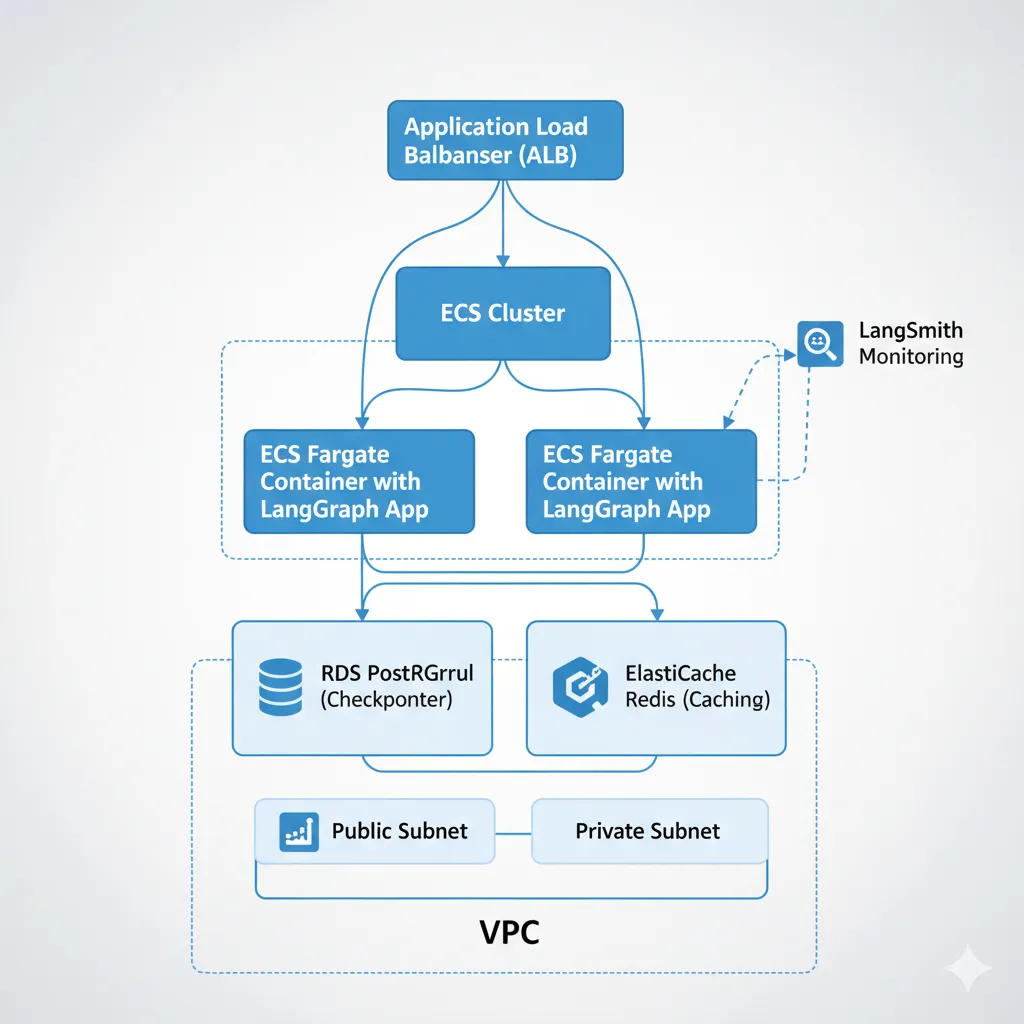 Arquitectura production LangGraph en AWS mostrando ECS Fargate con containers, RDS Postgres para checkpointing, ElastiCache Redis para caching, y ALB para load balancing