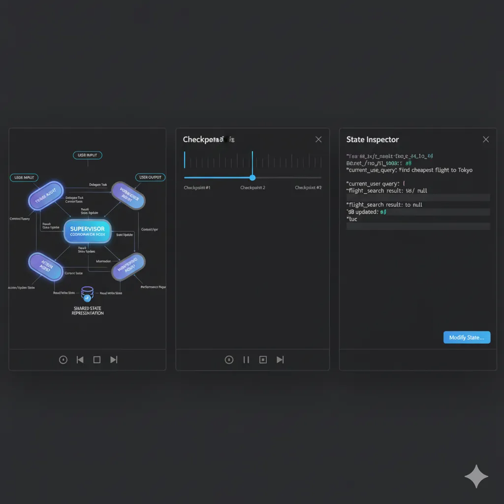 Screenshot LangGraph Studio v2 mostrando interface time-travel debugging con state inspection en cada node y opción de modificar y reanudar ejecución
