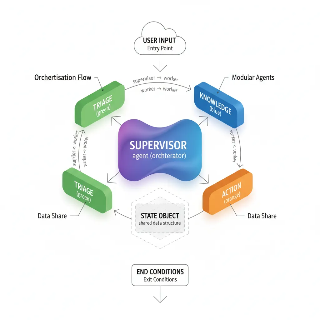 Arquitectura supervisor pattern LangGraph con supervisor coordinando múltiples worker agents especializados: researcher, coder, reviewer con flujo de decisiones