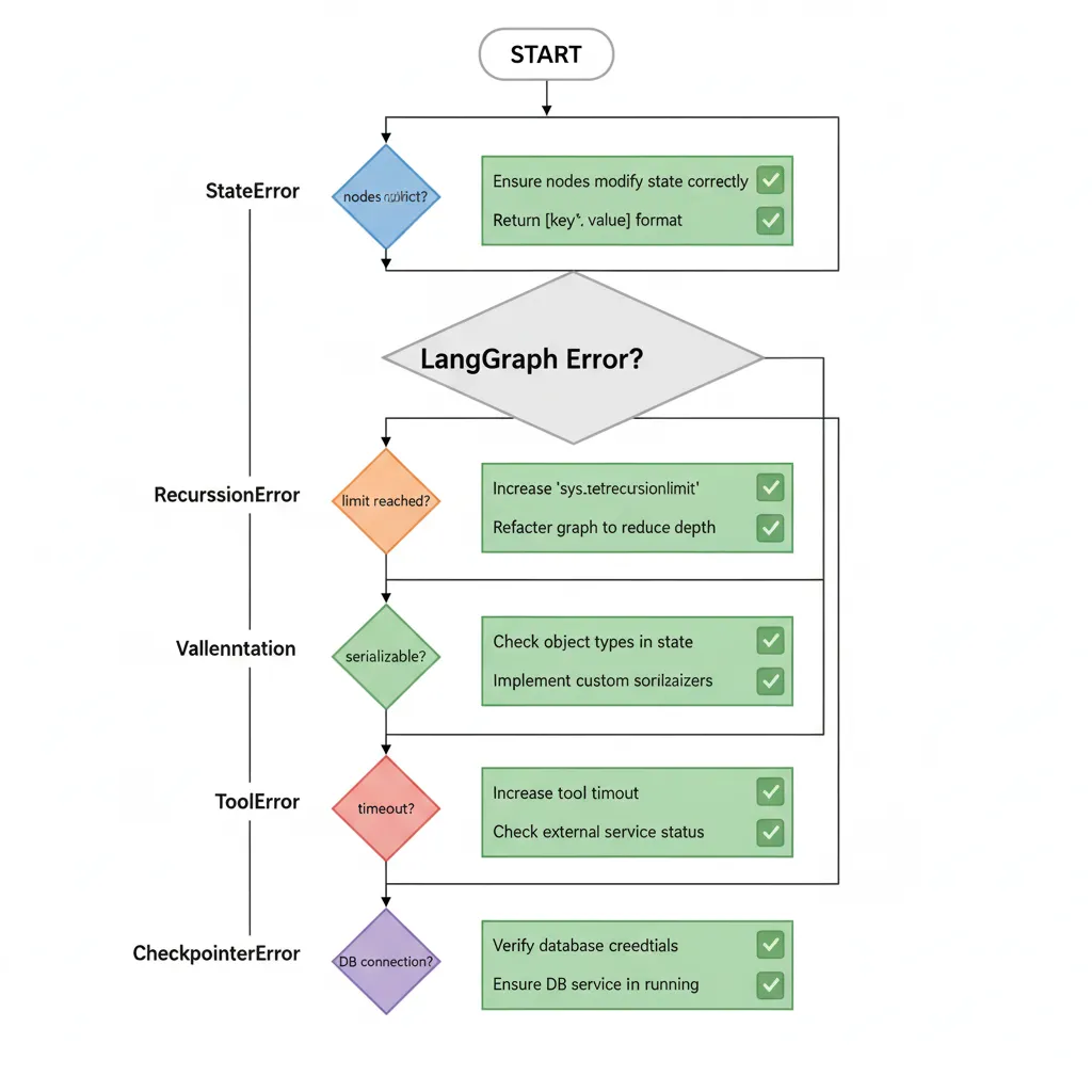 Flowchart diagrama de decisión troubleshooting LangGraph mostrando árbol de decisiones para diagnosticar errores comunes: state not passing, recursion limit, checkpointer validation, tool errors