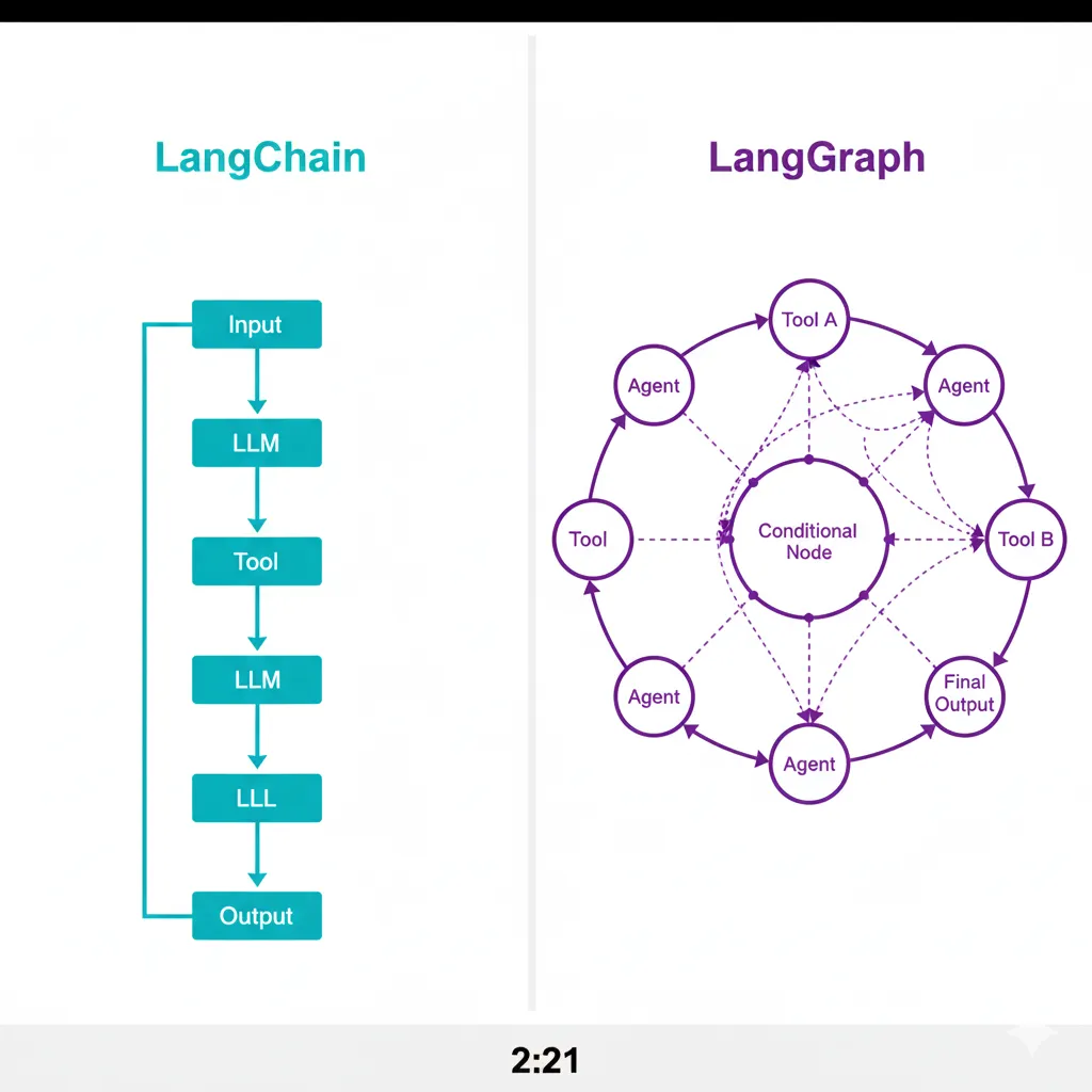 Diagrama comparativo entre arquitectura LangChain chains lineal y LangGraph cyclic graphs con múltiples nodos y decisiones condicionales