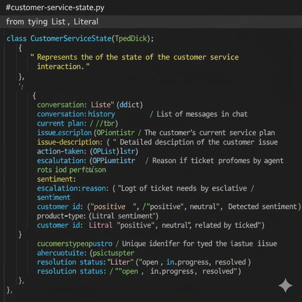 Screenshot código Python mostrando definición CustomerServiceState en LangGraph con TypedDict. Incluye fields messages, current_intent, retrieved_docs, confidence_score, actions_taken con type hints y comments.